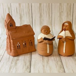 2 Terra Cotta Clay Religious Figurines by Sermar plus Church candle holder